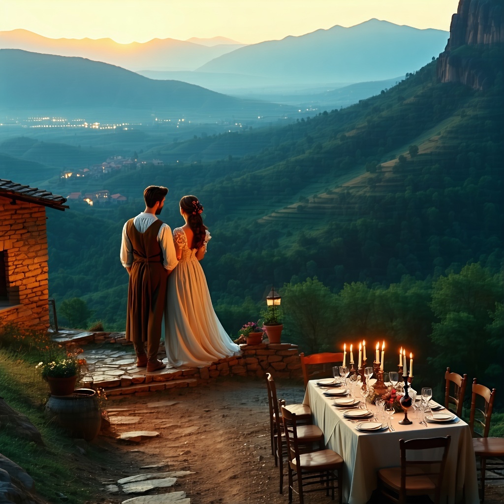 A cinematic wideangle photograph of a couple standing on a hilltop overlooking lush valleys and ancient monasteries in Armenia during golden hour The atmosphere is dreamy and warm with soft sunlight casting long shadows In the distance a table set fo-1-1